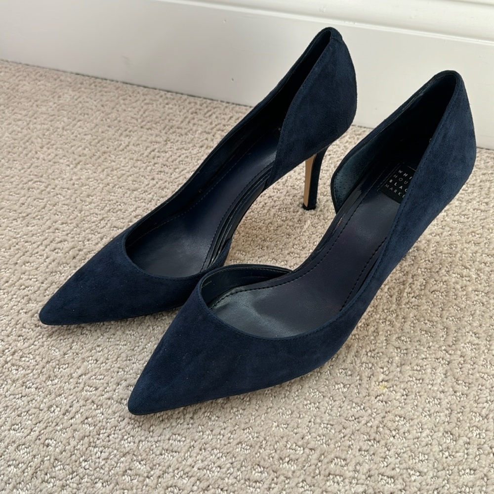 white house black market ella blue navy suede heels, size 7.5